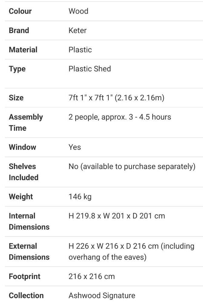 Keter Ashwood Signature 7ft 1" x 7ft 1" (2.16 x 2.16m) Storage Shed