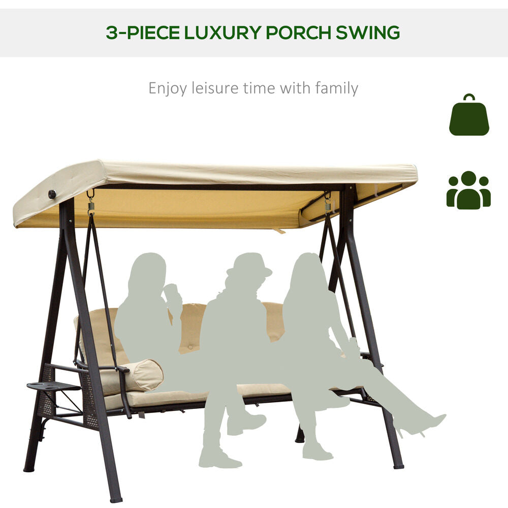 3 Seat Garden Swing Chair Patio Steel Swing Bench w/ Cup Trays Beige